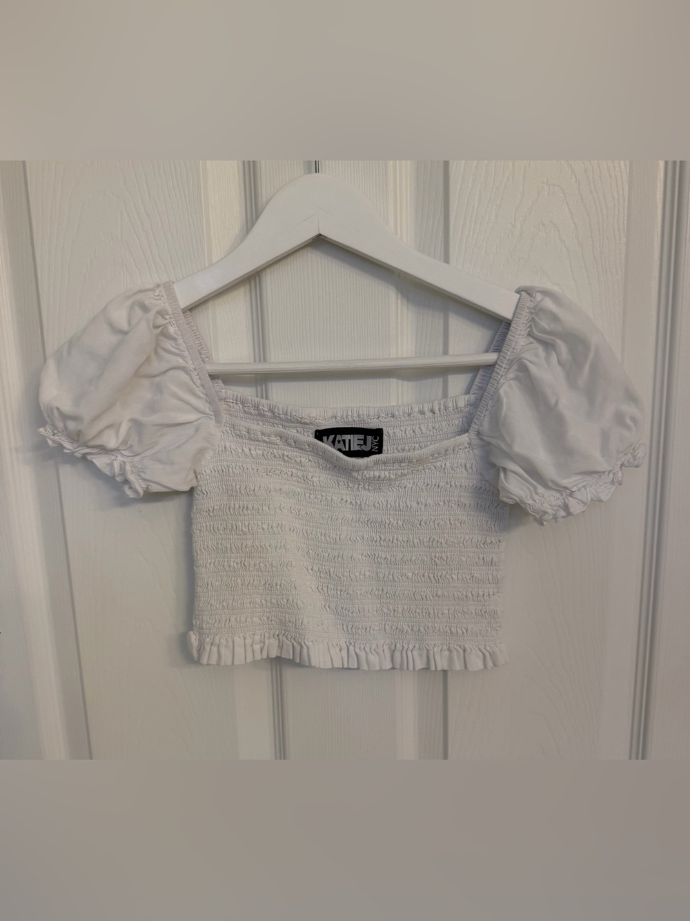 KatieJ NYC smocked Marlee Solid Puff Sleeve Top large white crop Katie j nyc
